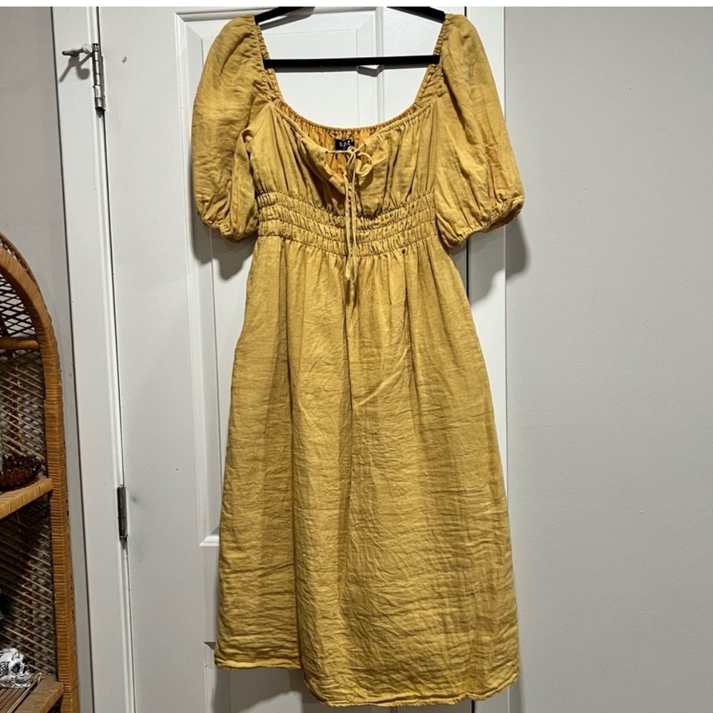 O.P.T  Yellow Puff Sleeve midi Dress